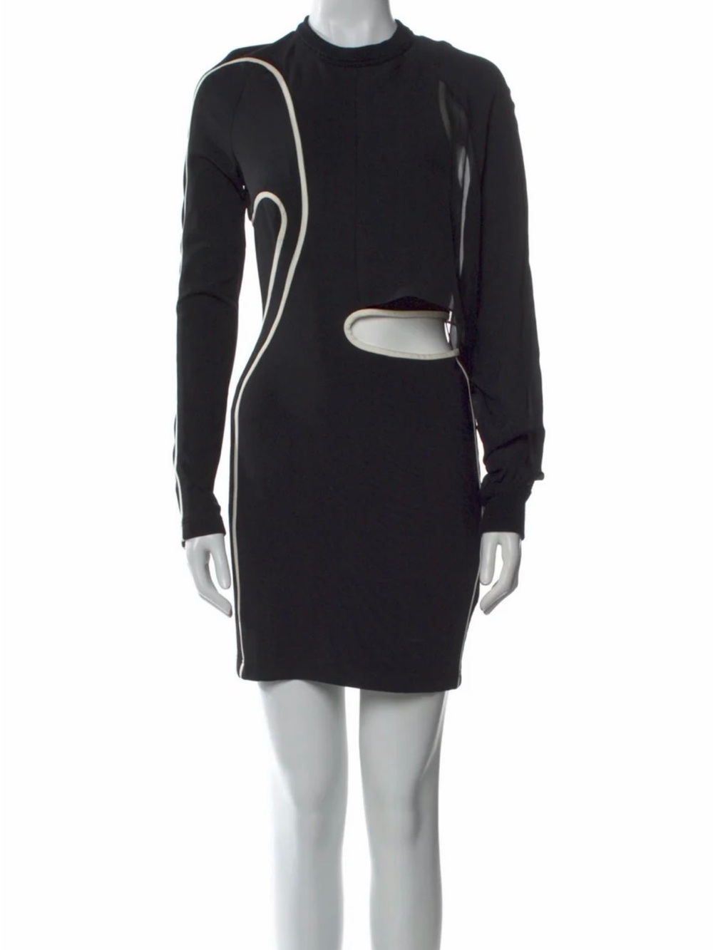 Black Long-Sleeve Cutout Mini Dress with White Piping